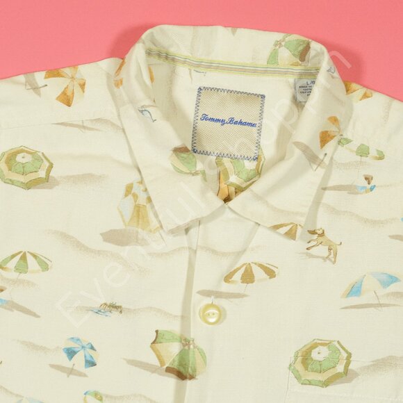 Tommy Bahama Beach Print Short Sleeve Silk Camp Shirt in Cream Size Large - Picture 1 of 5